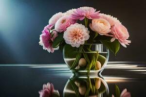 Rosa e branco flores dentro uma vaso em uma mesa. gerado por IA foto