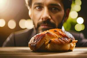 uma homem dentro uma terno é olhando às uma peça do frango. gerado por IA foto