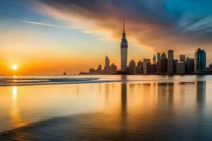 a Sol conjuntos sobre a cidade Horizonte dentro dubai. gerado por IA foto