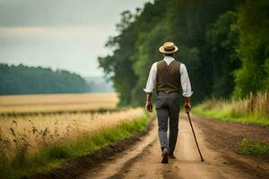 uma homem caminhando baixa uma sujeira estrada com uma bengala. gerado por IA foto