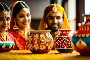 uma casal dentro tradicional indiano vestuário com colorida potes. gerado por IA foto