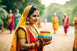 uma mulher dentro tradicional indiano vestuário segurando uma Panela. gerado por IA foto