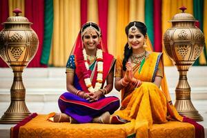 dois mulheres dentro tradicional indiano vestuário sentado em a chão. gerado por IA foto