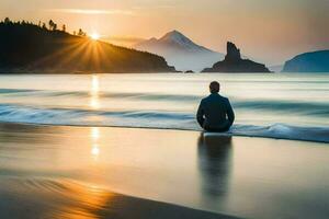 uma homem meditando em a de praia às pôr do sol. gerado por IA foto