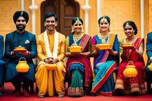 indiano Casamento festa com seus convidados. gerado por IA foto