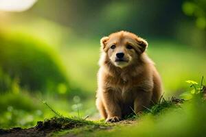 uma cachorro sentado em a terra dentro uma campo. gerado por IA foto