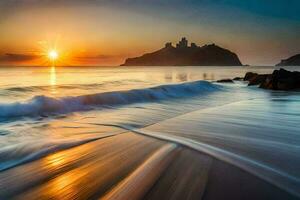 a Sol conjuntos sobre uma rochoso de praia e uma castelo. gerado por IA foto