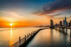 a Sol sobe sobre a cidade Horizonte dentro dubai. gerado por IA foto