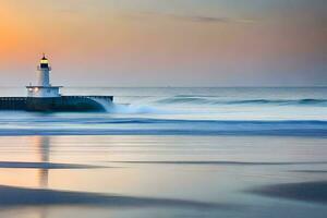 uma farol senta em a de praia às pôr do sol. gerado por IA foto