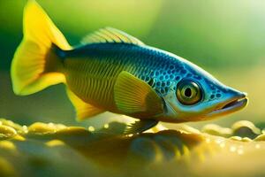uma peixe com amarelo olhos e azul barbatanas. gerado por IA foto