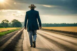 uma homem dentro uma terno e chapéu anda em baixa uma sujeira estrada. gerado por IA foto