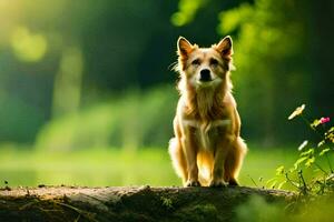 uma cachorro sentado em uma registro dentro a madeiras. gerado por IA foto