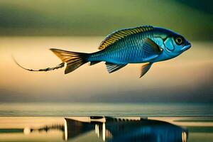 uma peixe é vôo sobre água com uma reflexão. gerado por IA foto