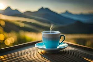 café copo em a mesa dentro a montanhas. gerado por IA foto