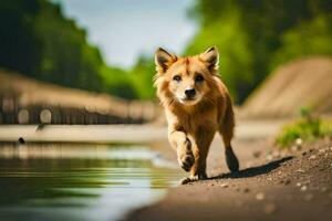 uma cachorro corrida ao longo a costa do uma rio. gerado por IA foto