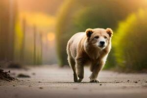 uma cachorro caminhando baixa uma estrada dentro a luz solar. gerado por IA foto