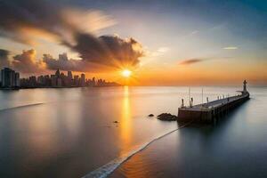 a Sol sobe sobre uma cidade Horizonte às pôr do sol. gerado por IA foto