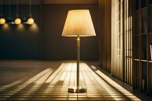 uma luminária é sentado em uma chão dentro uma sala. gerado por IA foto