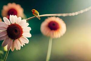 uma pássaro senta em uma flor haste com uma Sol dentro a fundo. gerado por IA foto