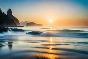 a Sol sobe sobre a oceano e pedras. gerado por IA foto