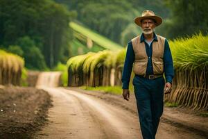 a velho homem caminhando baixa uma sujeira estrada. gerado por IA foto