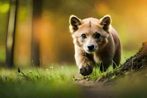 uma bebê Lobo é corrida através a madeiras. gerado por IA foto