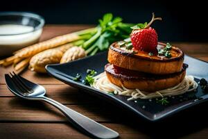 uma prato com uma morango e Macarrão. gerado por IA foto