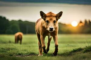 uma cavalo é caminhando dentro a Relva às pôr do sol. gerado por IA foto