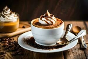 uma cappuccino com açoitado creme e café feijões em uma de madeira mesa. gerado por IA foto