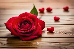 uma vermelho rosa em uma de madeira mesa com corações gerado por IA foto