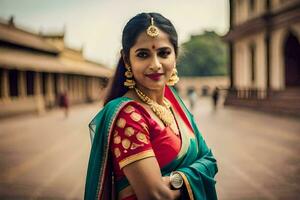 uma mulher dentro tradicional sari poses para uma foto. gerado por IA foto