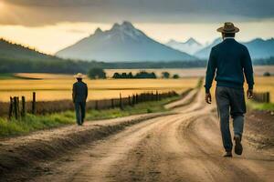 dois homens caminhando baixa uma sujeira estrada dentro frente do uma montanha faixa. gerado por IA foto