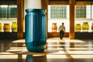 uma azul vaso sentado dentro uma quarto com luz solar chegando através a janelas. gerado por IA foto