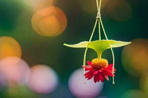 uma suspensão vermelho flor com uma verde tronco. gerado por IA foto