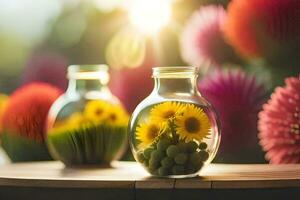 dois vasos com flores dentro eles em uma mesa. gerado por IA foto