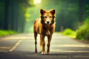 uma cachorro é em pé em a estrada dentro a meio do a dia. gerado por IA foto