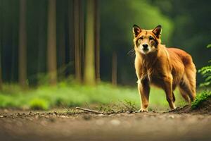 uma cachorro em pé dentro a meio do uma floresta. gerado por IA foto