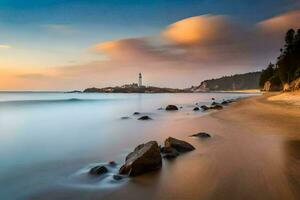 uma grandes exposição fotografia do uma farol em a de praia. gerado por IA foto