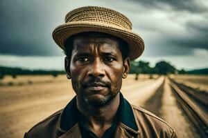 uma homem dentro uma chapéu carrinhos dentro frente do uma trem acompanhar. gerado por IA foto