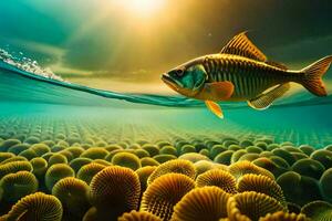 uma peixe natação dentro a oceano cercado de coral. gerado por IA foto