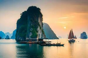 Halong baía, Vietnã, pôr do sol, pôr do sol Vietnã, pôr do sol Vietnã. gerado por IA foto