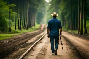 uma homem dentro uma chapéu e terno caminhando baixa uma estrada. gerado por IA foto