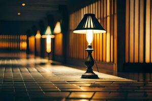 uma luminária é em uma lado a lado chão dentro uma corredor. gerado por IA foto