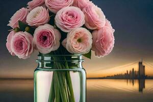 uma vaso preenchidas com Rosa rosas sentado em uma mesa. gerado por IA foto