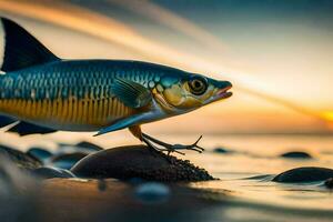 uma peixe em a de praia às pôr do sol. gerado por IA foto