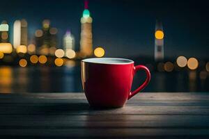 uma vermelho café copo senta em uma mesa dentro frente do uma paisagem urbana às noite. gerado por IA foto