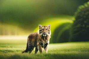 uma tigre caminhando através uma exuberante verde campo. gerado por IA foto