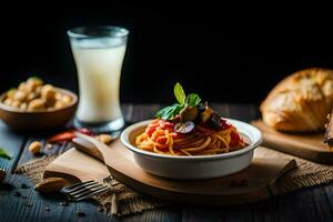 espaguete com tomate molho e pão em uma de madeira mesa. gerado por IA foto