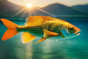 uma peixe natação dentro a água com a Sol dentro a fundo. gerado por IA foto