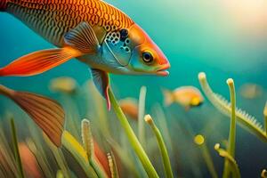 uma peixe natação dentro a água com Relva e plantas. gerado por IA foto